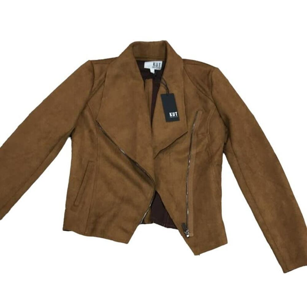 KUT from the Kloth Karina Moto Draped Faux Suede Jacket Sz Medium in Brandy NWT